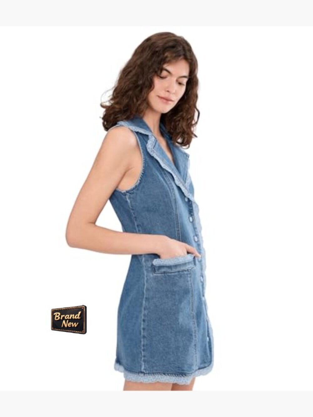 Sleeveless A-Line Mini Dress with Collar Trim & Pockets - Picture 3 of 5